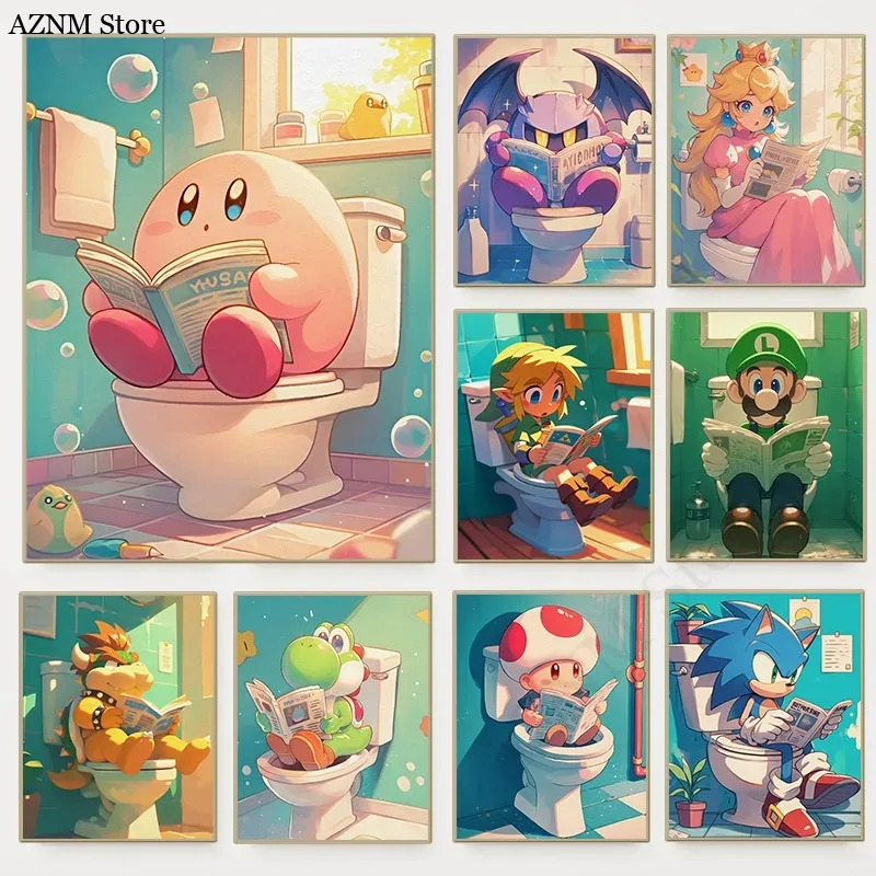 Home Bathroom Toilet - Zabawny Plakat z Kreskówkowymi Postaciami z