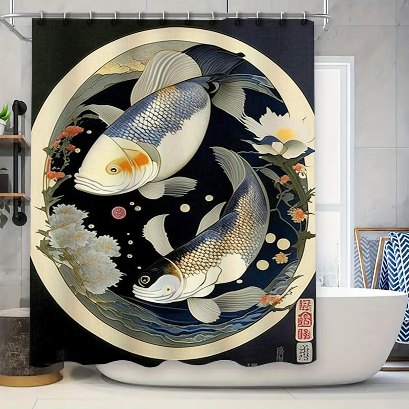 Japanese Home Bathroom Design - Vintage japońska zasłona prysznicowa z nadrukiem