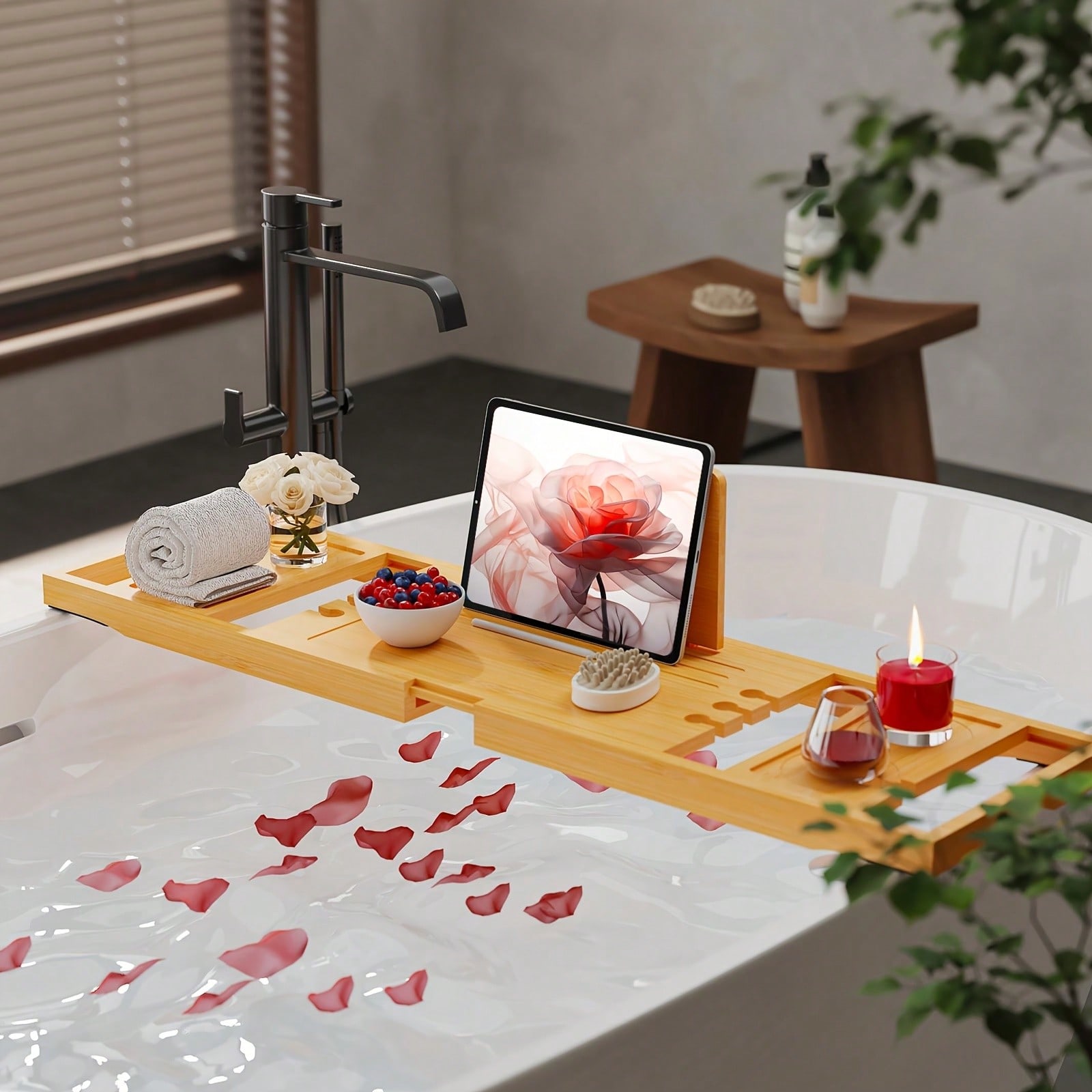 Home Essentials Bathroom Organizer - Bambusowa tacka do wanny, rozsuwany organizer