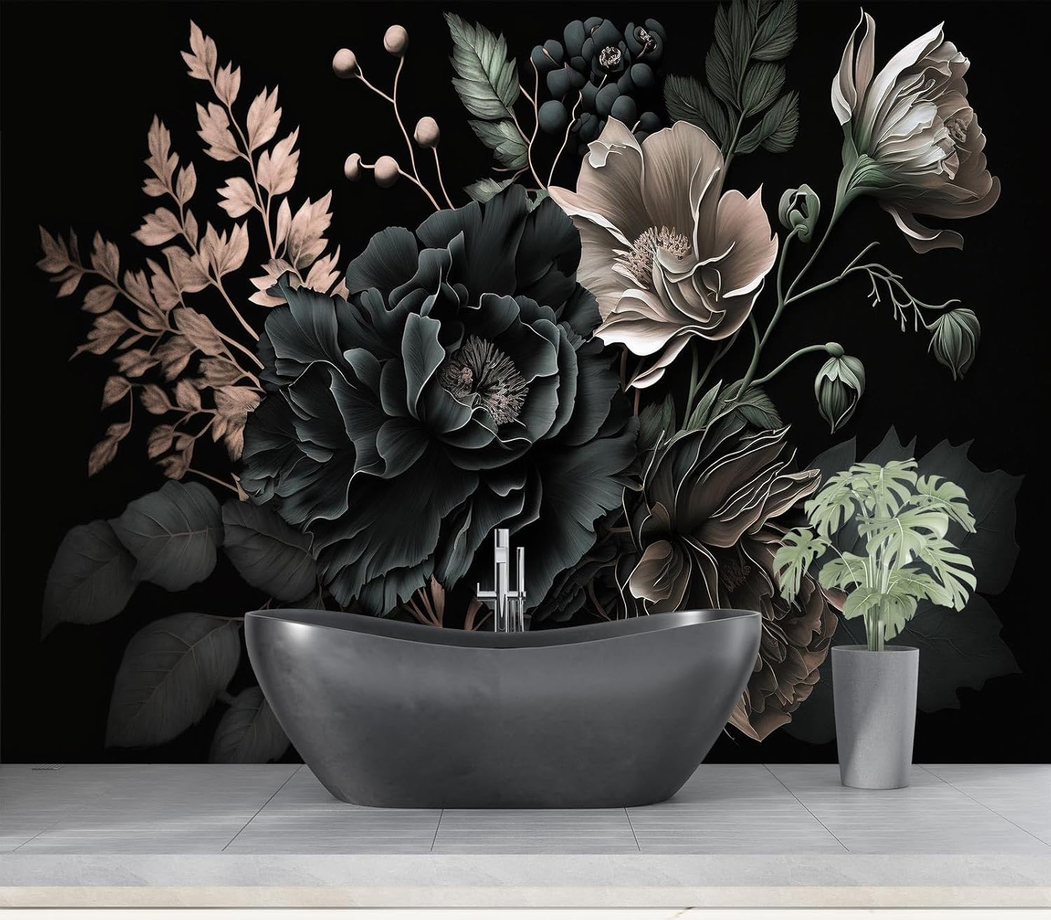 Home Bathroom Wallpaper - Dramatyczna, ciemna, kwiatowa, botaniczna tapeta z